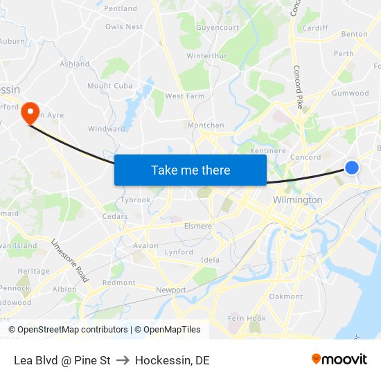 Lea Blvd @ Pine St to Hockessin, DE map