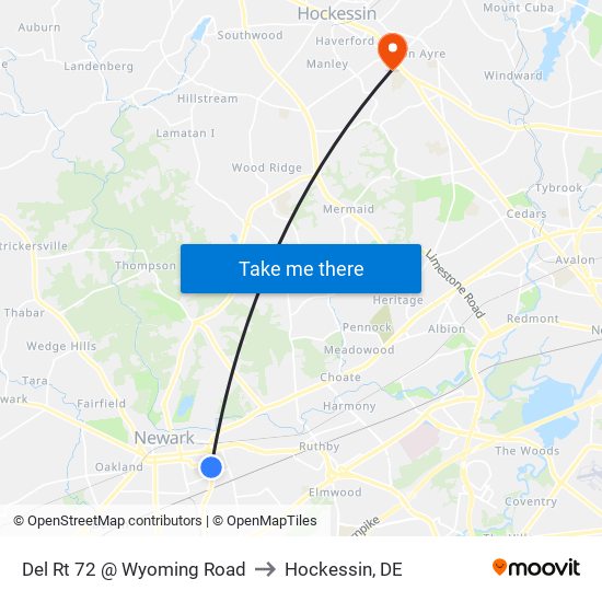 Del Rt 72 @ Wyoming Road to Hockessin, DE map