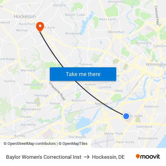 Baylor Women's Correctional Inst to Hockessin, DE map