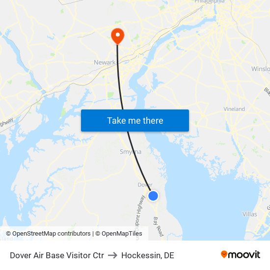 Dover Air Base Visitor Ctr to Hockessin, DE map