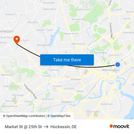 Market St @ 25th St to Hockessin, DE map