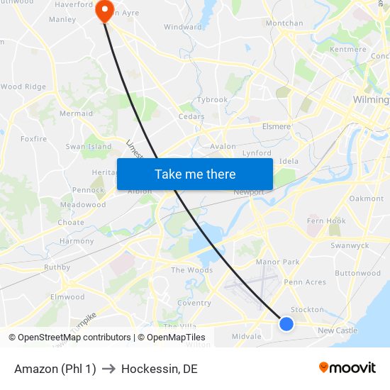 Amazon (Phl 1) to Hockessin, DE map