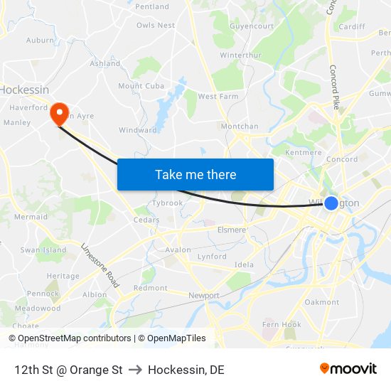 12th St @ Orange St to Hockessin, DE map