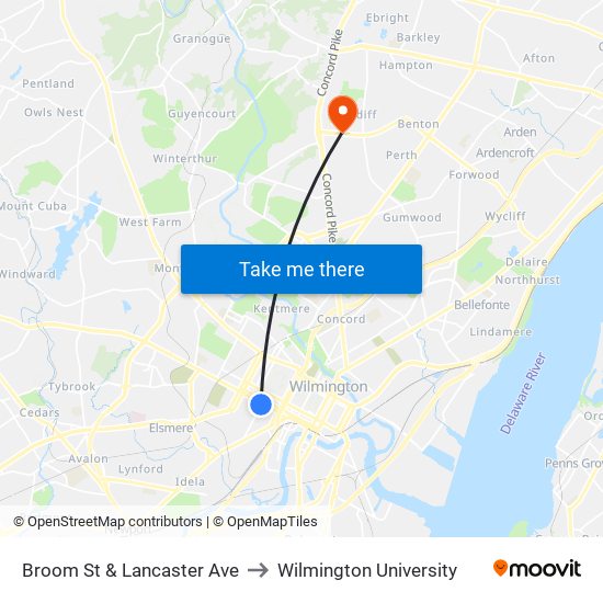 Broom St & Lancaster Ave to Wilmington University map