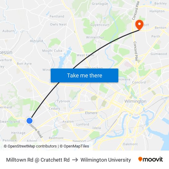 Milltown Rd @ Cratchett Rd to Wilmington University map