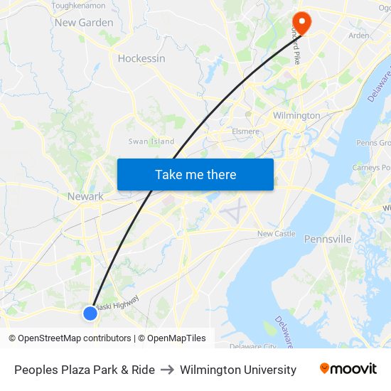 Peoples Plaza Park & Ride to Wilmington University map