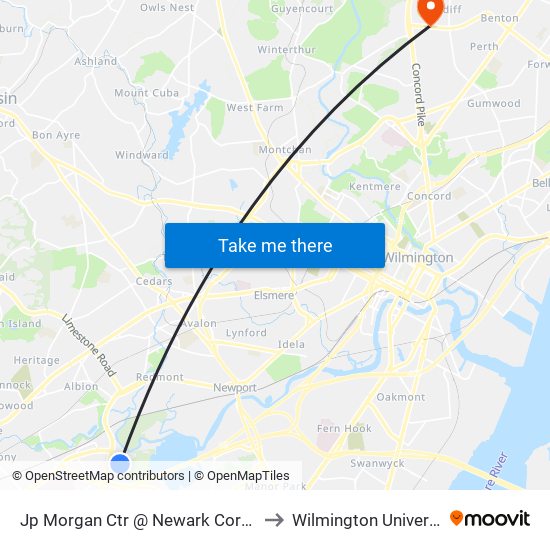 Jp Morgan Ctr @ Newark Corp Ctr to Wilmington University map