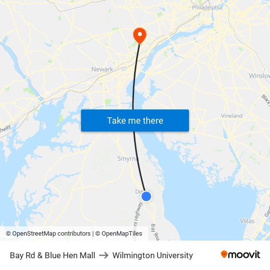 Bay Rd & Blue Hen Mall to Wilmington University map