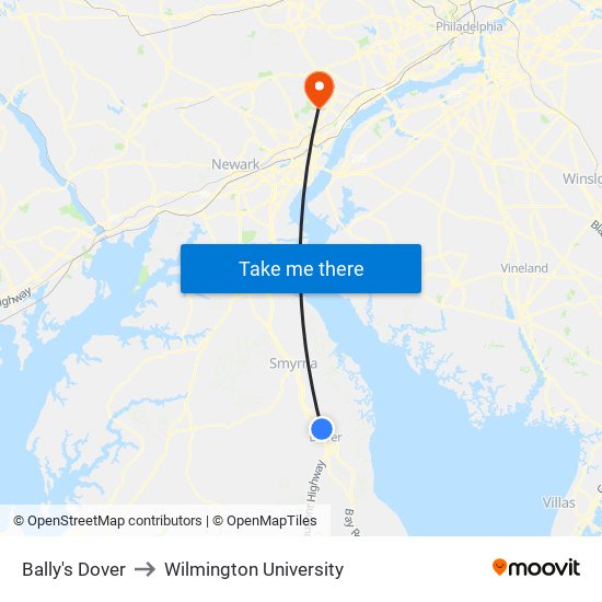 Bally's Dover to Wilmington University map