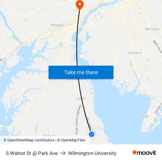 S Walnut St @ Park Ave to Wilmington University map