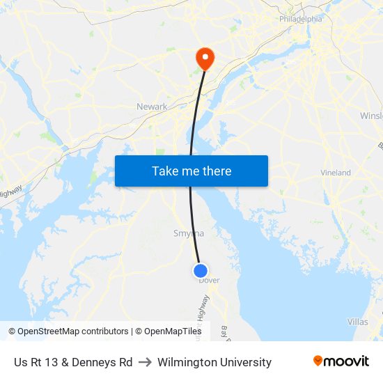 Us Rt 13 & Denneys Rd to Wilmington University map