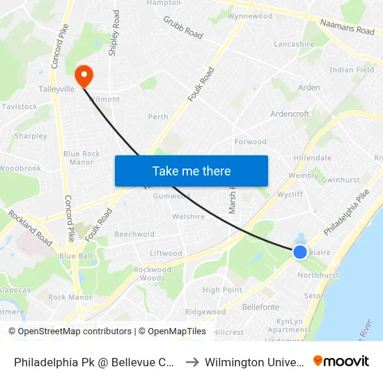 Philadelphia Pk @ Bellevue Corp Cr to Wilmington University map