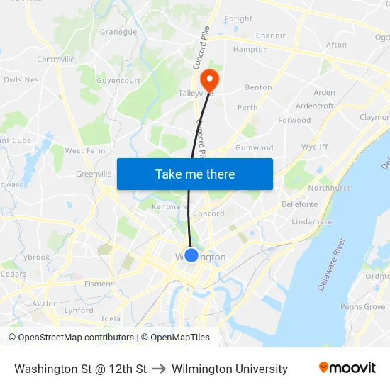 Washington St @ 12th St to Wilmington University map