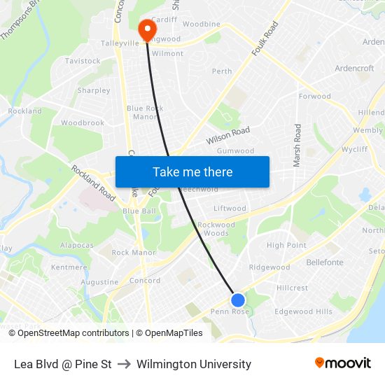 Lea Blvd @ Pine St to Wilmington University map
