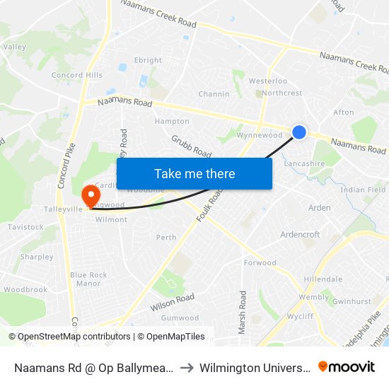 Naamans Rd @ Op Ballymeade to Wilmington University map