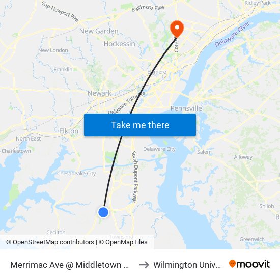 Merrimac Ave @ Middletown Walmart to Wilmington University map