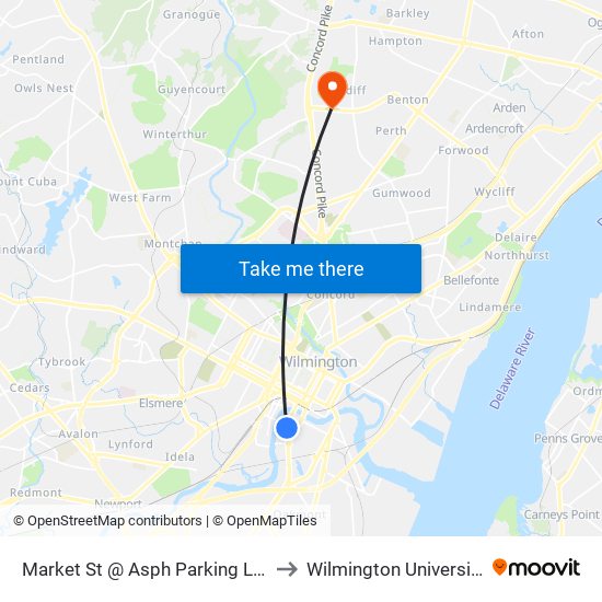 Market St @ Asph Parking Lot to Wilmington University map