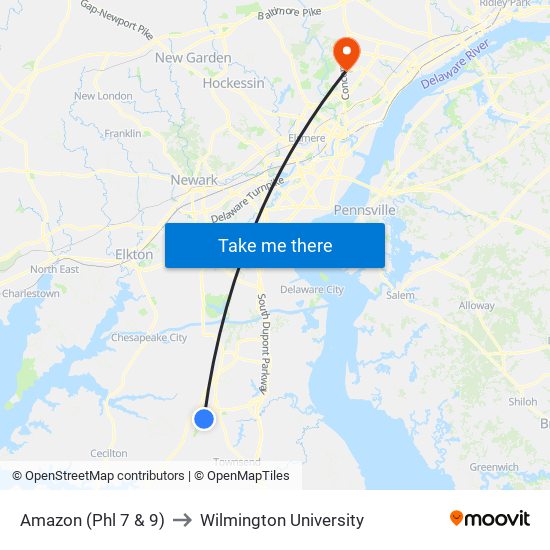 Amazon (Phl 7 & 9) to Wilmington University map