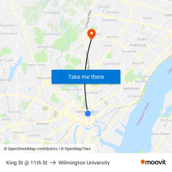 King St @ 11th St to Wilmington University map