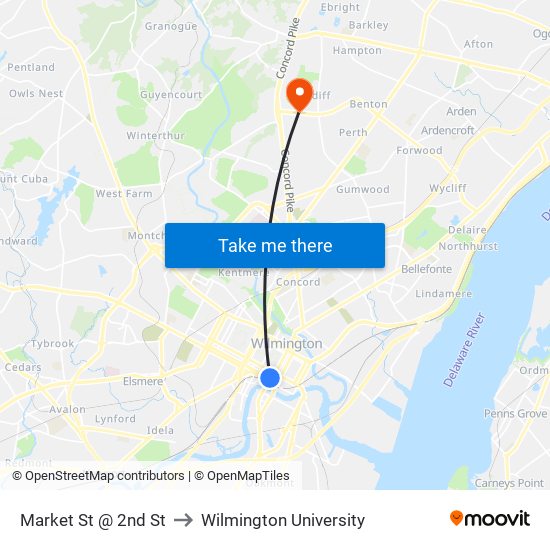 Market St @ 2nd St to Wilmington University map