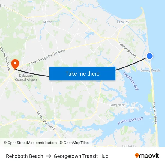 Rehoboth Beach to Georgetown Transit Hub map