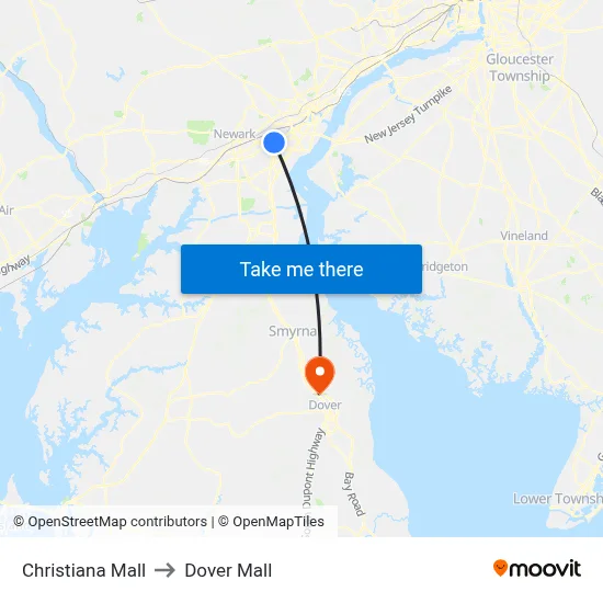 Christiana Mall to Dover Mall map