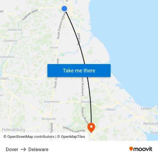 Dover to Delaware map