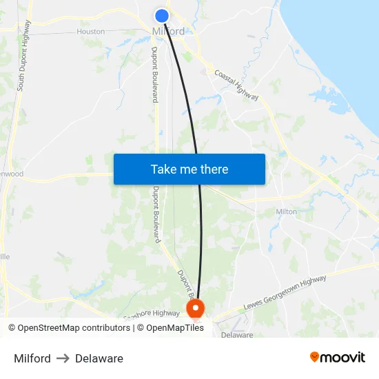 Milford to Delaware map