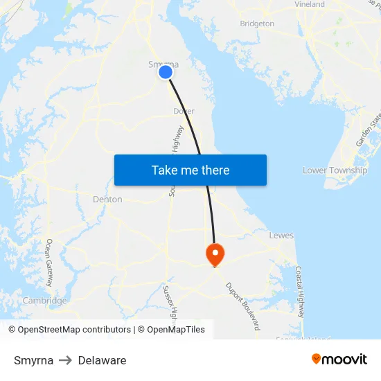 Smyrna to Delaware map