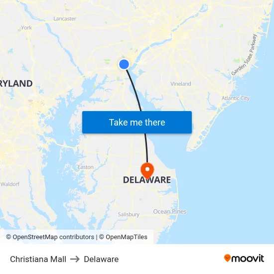 Christiana Mall to Delaware map