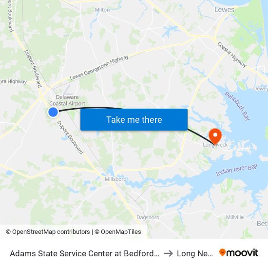 Adams State Service Center at Bedford St to Long Neck map