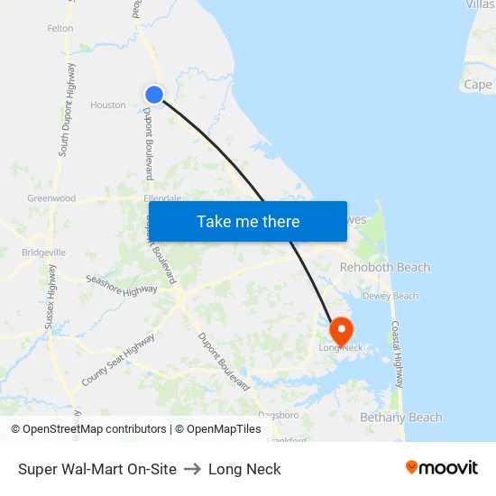 Super Wal-Mart On-Site to Long Neck map