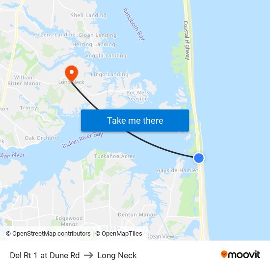 Del Rt 1 at Dune Rd to Long Neck map