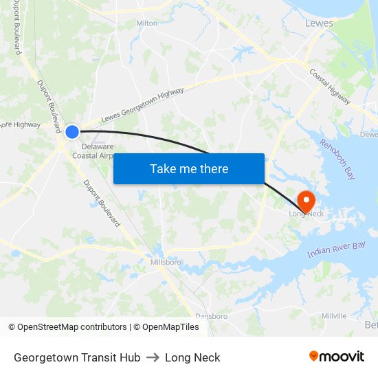 Georgetown Transit Hub to Long Neck map