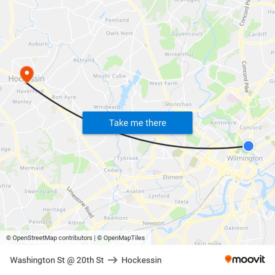 Washington St @ 20th St to Hockessin map