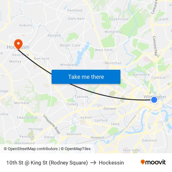 10th St @ King St (Rodney Square) to Hockessin map