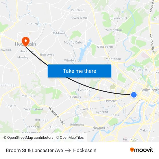 Broom St & Lancaster Ave to Hockessin map