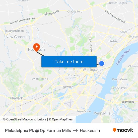 Philadelphia Pk @ Op Forman Mills to Hockessin map
