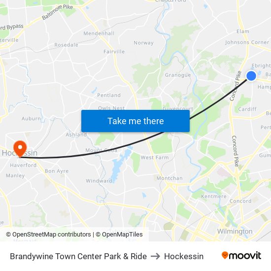 Brandywine Town Center Park & Ride to Hockessin map