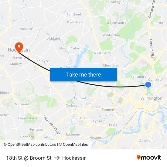 18th St @ Broom St to Hockessin map