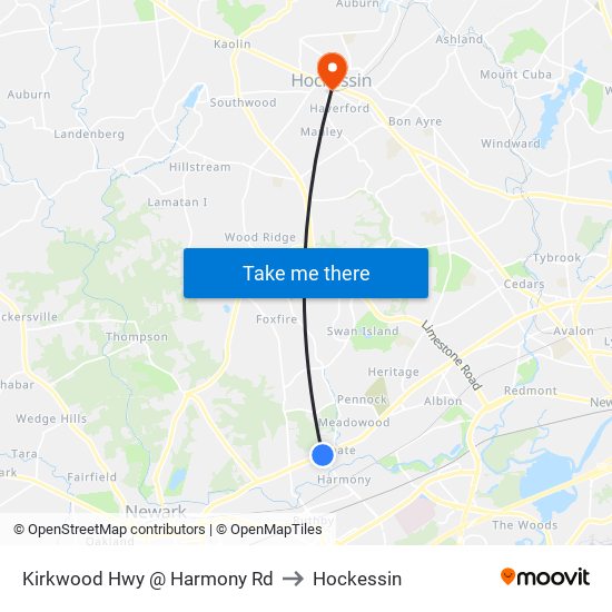 Kirkwood Hwy @ Harmony Rd to Hockessin map