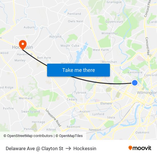 Delaware Ave @ Clayton St to Hockessin map