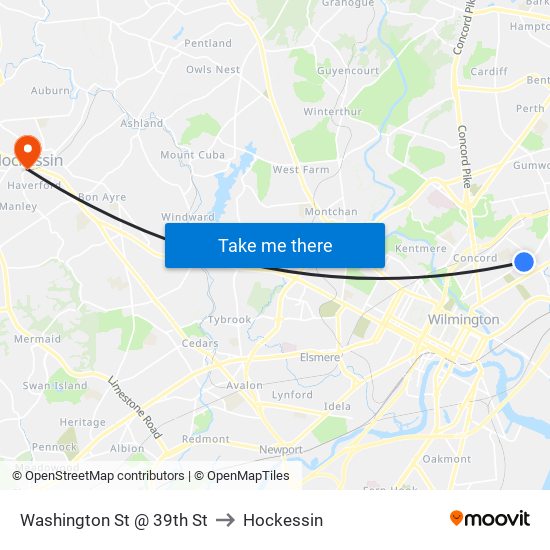 Washington St @ 39th St to Hockessin map