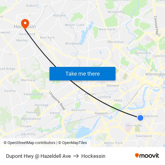 Dupont Hwy @ Hazeldell Ave to Hockessin map