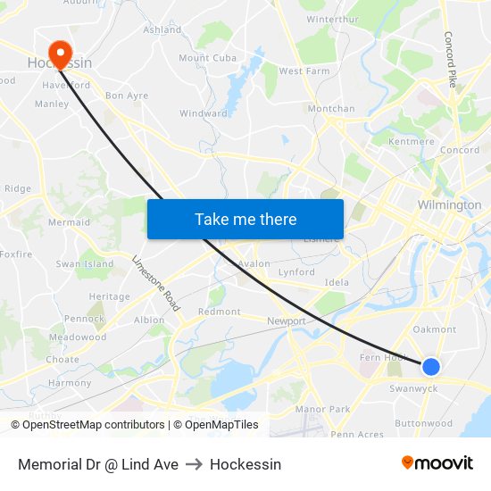 Memorial Dr @ Lind Ave to Hockessin map