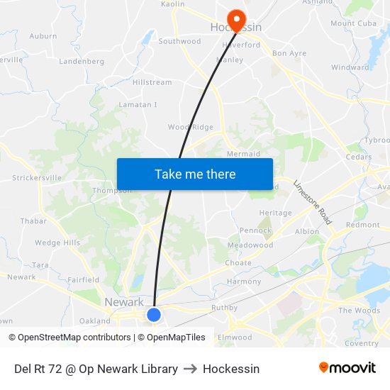 Del Rt 72 @ Op Newark Library to Hockessin map