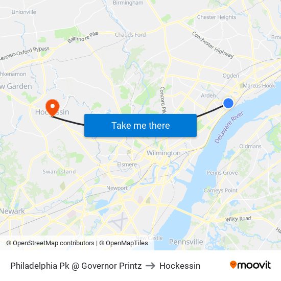 Philadelphia Pk @ Governor Printz to Hockessin map