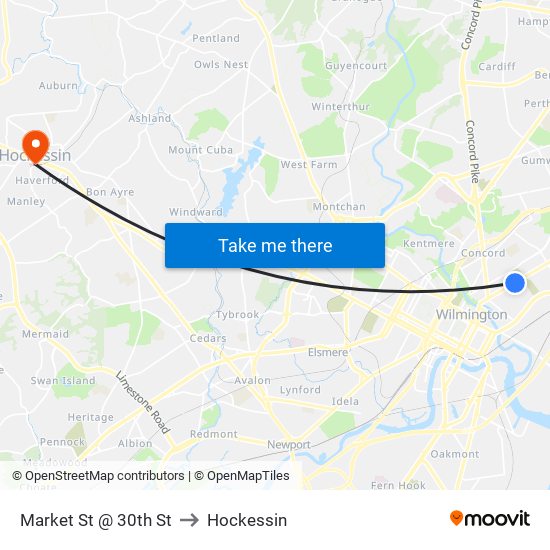 Market St @ 30th St to Hockessin map