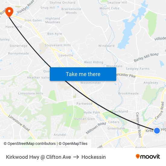 Kirkwood Hwy @ Clifton Ave to Hockessin map