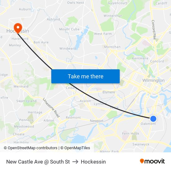 New Castle Ave @ South St to Hockessin map